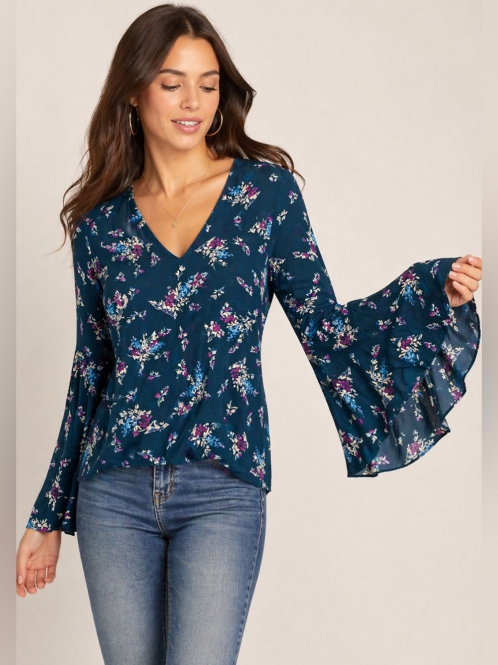 WAYF Floral Bell Sleeve Blouse – Teal Blue Boho Top – Women’s Size Small